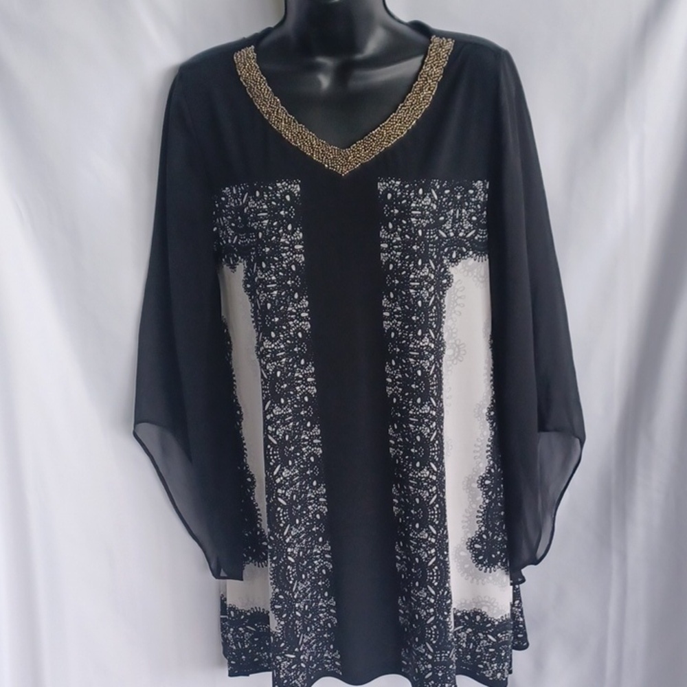 Alfani Woman Black and White Tunic, Beaded Collar, Sheer Sleeve